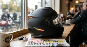A smart motorcycle helmet resting on a café table alongside a motorcycle magazine, showcasing the ECE 22.06 safety certification on the helmet shell.