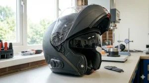 A modular flip-up motorbike helmet sitting on a workbench with its clear main visor raised and the integrated drop-down tinted sun visor deployed.