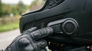 Detailed view of large, glove-friendly control buttons on the side of a smart motorcycle helmet.