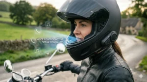 A rider using hands-free voice commands to answer a call on their bluetooth motorcycle helmet.