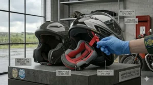 A clear illustration of emergency quick-release cheek pads on a high-rated safety helmet, a common feature in ECE 22.06 approved headgear for UK paramedics.