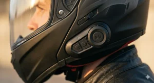 Close-up of the glove-friendly integrated Bluetooth intercom button control pad on the side of a quiet motorcycle helmet.