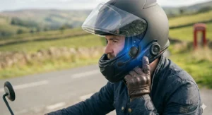Interior view of a full face helmet showing the discreetly built-in bluetooth speakers and microphone padding.