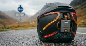 Close-up of a matte black motorcycle helmet with amber and red LED lights glowing on a damp, rain-flecked tarmac surface next to a UK highway sign.