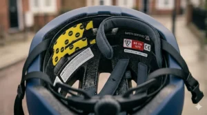 Diagram showing internal EPS foam and MIPS technology in a safety certified helmet under £100 for enhanced brain protection.