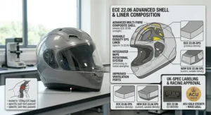 Illustration of MIPS technology inside a helmet designed to reduce rotational forces during a motorcycle accident.