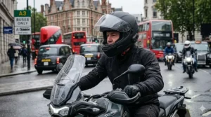 A motorcyclist commuting through a rainy London street past iconic red double-decker buses and black cabs, wearing a matte black Bluetooth helmet with the visor slightly open.