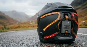 Rear view of a motorcycle helmet with amber and red LED light strips illuminating the shell, positioned on a wet UK road with a Glencoe road sign in the background.