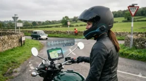 Illustration of a rider receiving turn-by-turn sat-nav directions through integrated helmet speakers.