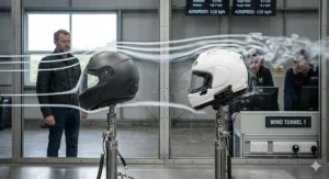 Graphic displaying the battery charging ports, mAh capacity, and talk-time specs for a Schuberth integrated system compared against a standalone Sena unit.