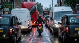Alt text for image 9: Illustration of a biker filtering through slow-moving city traffic, the motorcycle helmet with brake light casting a clear red warning to high-up van and lorry drivers.