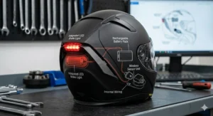 Alt text for image 2: Technical diagram showing the inner workings of a motorcycle helmet with brake light, highlighting the wireless sensor, rechargeable battery package, and rear LED strip.