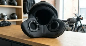 Close-up of internal ear pockets in a Cardo-ready helmet designed for slimline mesh speakers.