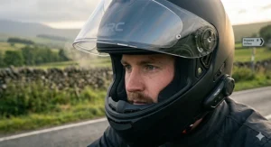 View through an open helmet visor showing a fitted Pinlock anti-fog insert, essential for maintaining clear vision in cold, misty UK weather.