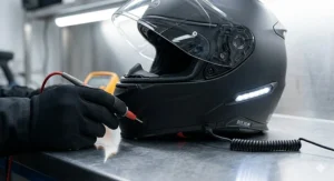 A detailed cross-section diagram of a motorcycle helmet, showing the internal battery pack, LED light strips, and wiring path for smart turn signals.
