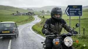 An illustration of a rider wearing an ECE 22.06 helmet in typical British overcast conditions, highlighting the importance of visor clarity and anti-fog features.