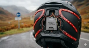 Close-up of the rear of a matte black motorbike helmet featuring an exposed battery compartment and integrated red LED light strips glowing along the carbon fibre shell.