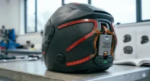 A matte black motorcycle helmet with built-in LED lights resting on a workshop bench during quality control testing for UK safety compliance.