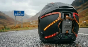 Rear perspective of a carbon fibre motorcycle helmet with active amber and red LED lights, sitting on a wet road in a misty British highland valley.