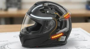 Close-up of a motorcyclist's gloved hand operating a wireless indicator control module mounted on the handlebars of a motorcycle.