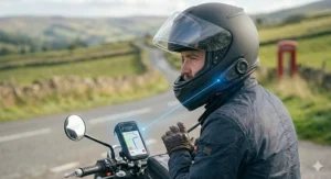 A commuter riding a motorbike through London, wearing a glossy white bluetooth ready full face helmet.
