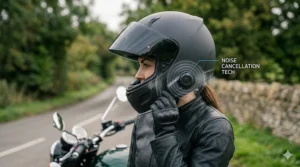 Visualisation of wind noise cancellation technology inside a high-speed motorcycle helmet.