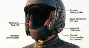 Underside view of a quiet bluetooth motorcycle helmet showcasing the thick acoustic neck roll and chin curtain used to seal out road noise.