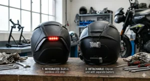 Alt text for image 8: Illustration comparing an integrated helmet brake light, as seen in image_2.png, with a detachable, clip-on LED unit that has its own battery pack, presented on a workbench with natural light.