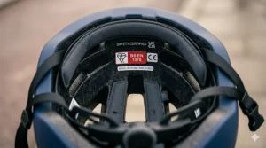 Close-up illustration of the CE and BS EN 1078 safety certification labels found on affordable British helmets.