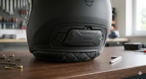 Close-up illustration showing the seamless integration of a Sena-powered battery module fitting into the dedicated rear slot of a Schuberth C5 helmet.