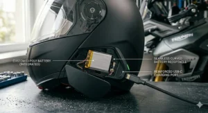 A lifestyle illustration of a motorcyclist using the Schuberth SC2 system for GPS navigation during a tour of the Peak District.