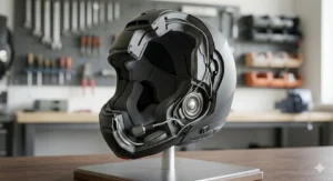 Aerodynamic wind tunnel diagram illustrating laminar airflow over a sleek integrated Schuberth helmet versus turbulent airflow over a white helmet with a bulkier external Sena pod.