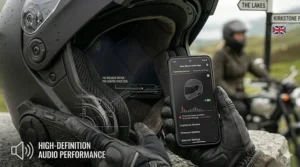 A smartphone screen showing the Sena app paired with an integrated bluetooth helmet to customise audio settings.
