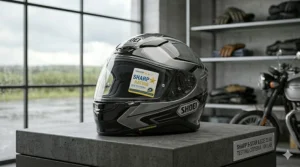 A detailed illustration of a full-face motorcycle helmet with a SHARP 5-star rating, featuring an aerodynamic shell design suitable for British touring and track days.