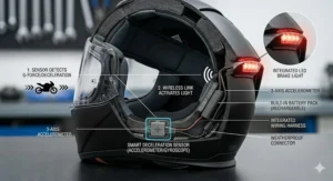 Alt text for image 4: Illustration explaining how a motorcycle helmet with brake light uses a built-in gyroscopic sensor to detect engine braking and deceleration without needing wire connections.
