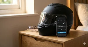 A mobile phone app interface displaying settings to customise the LED indicator patterns and monitor battery life for a smart motorcycle helmet.