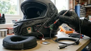 A technical view inside a workshop showing a motorbike helmet's internal Bluetooth circuitry, battery packs, and a USB-C charging port being tested with a probe.