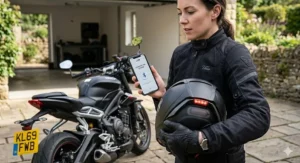 Alt text for image 6: A high-detail photograph capturing a female motorcycle rider, wearing a black textile jacket and gloves, using a smartphone with a UK app interface (featuring a Bluetooth icon and 'SYNCING') to pair with a black motorcycle helmet featuring an integrated red LED brake light on the rear. The scene takes place in natural daylight on a stone driveway next to a detailed motorbike (with a Triumph logo and a UK number plate). Natural light, soft shadows, and high detail.