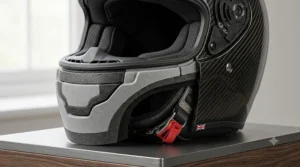 A close-up diagram focusing on the advanced visor mechanism and the quick-release system.