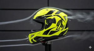 A side profile image showing the sleek, aerodynamic shape and ventilation ports of the fluorescent high-visibility motorcycle helmet under technical lighting.