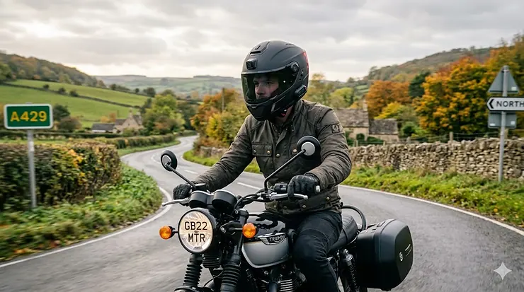 Matte black all-in-one smart motorcycle helmet worn by a rider on an urban road. all-in-one smart motorcycle helmet