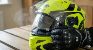 A detailed close-up of the Pinlock-ready clear visor on the high-visibility helmet, showing the anti-fog insert and quick-release mechanism.