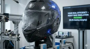 Side profile of an AR motorcycle helmet demonstrating its aerodynamic design for motorway riding.