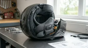 Close-up showing the adjustable interior padding of an AR motorcycle helmet for custom comfort.