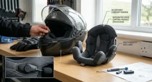 Demonstration of an AR motorcycle helmet visor improving clarity in low-visibility weather conditions.