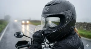 Interface of an AR motorcycle helmet showing seamless smartphone connectivity for UK road riding.