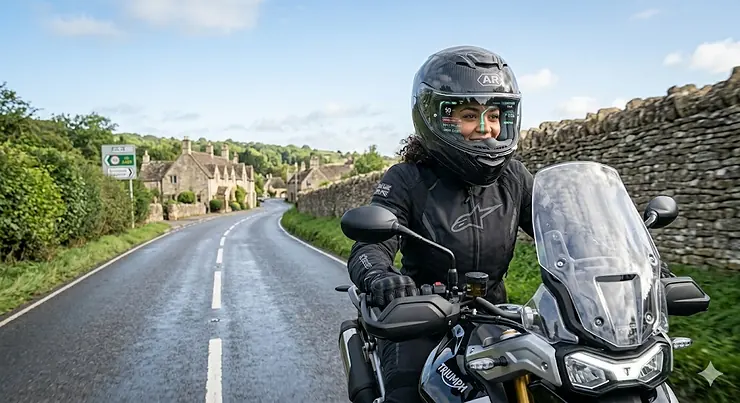 Rider using voice commands to control an AR motorcycle helmet for safer hands-free operation. AR motorcycle helmet