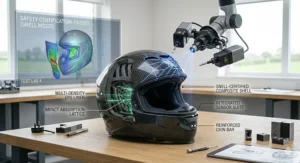 Testing the water-resistant visor seal of an AR motorcycle helmet during heavy rainfall.