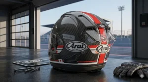 Alt text for image 7: An Arai carbon fibre helmet positioned to show its race-proven, aerodynamic shape for high-speed stability.