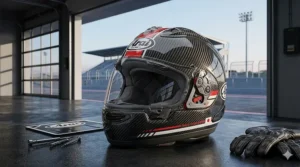 Alt text for image 6: A rear-view shot of an Arai carbon helmet displaying ECE 22.06 safety certification markings.